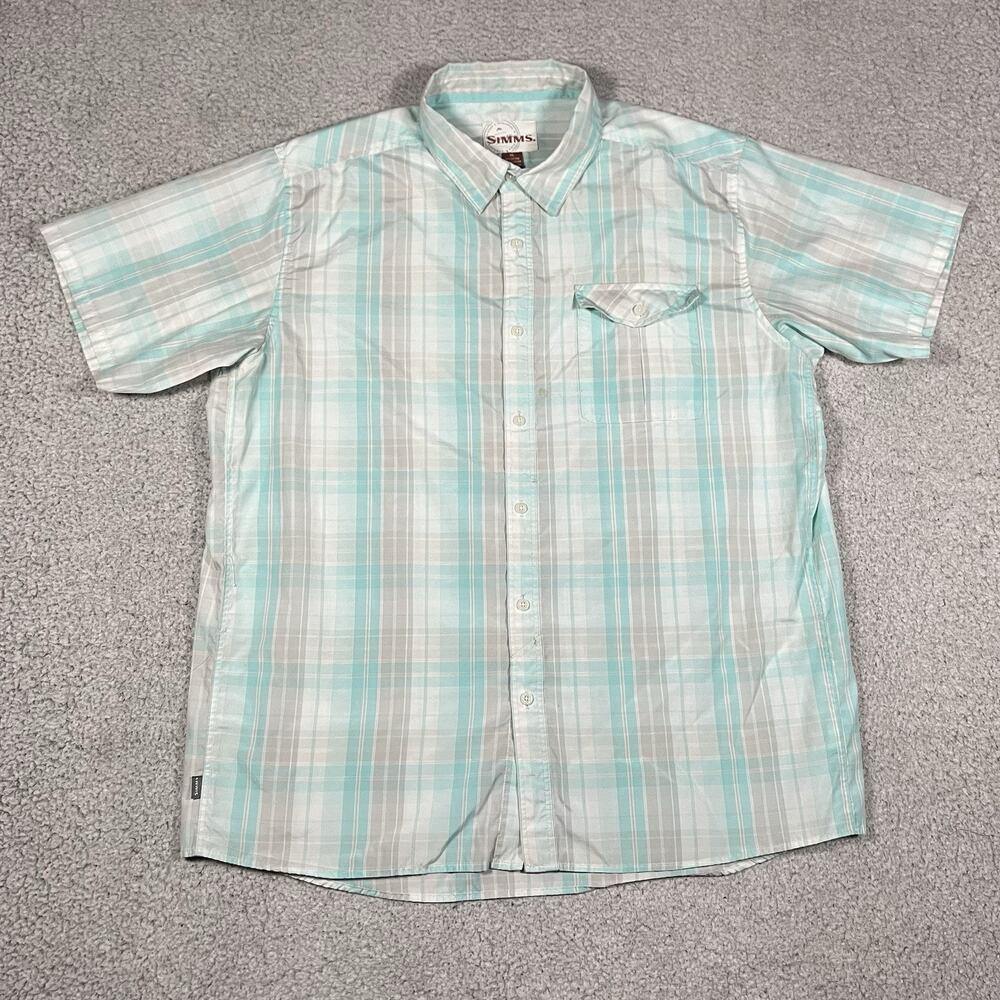 Simms Shirt Mens XL Blue Button Up Plaid Short Sleeve Fishing Outdoor Hiking